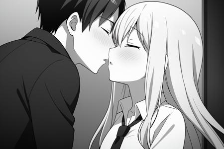 1boy, 1girl, blush, closed_eyes, collared_shirt, couple, greyscale, hetero, kiss, long_hair, monochrome, necktie, shirt, surprise_kiss, upper_body