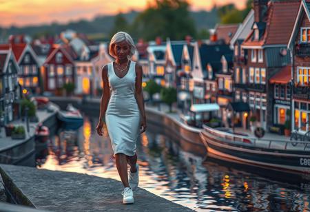 a woman walks in a miniature city. the wamon has blond realy short hair and a afrocan tone. she is wearing a white thight dress that ends at the knee. her white sneakers in 70ts style and her short knockle glowes ar contrasting her dark skin. around her is a colorfull miniature village on the water and in the traditional style around 1900 in netherlands. buildings are a bit smaller then the woman and the miniature land is build and colored like a detailed wax paint drawing. making the realistic photo looking like a painting but with a real person in it. it's a dynamic scene on a warm summer evening with detailed shadows and eye catching sunset. 