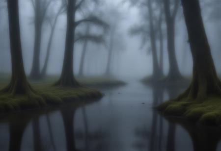 masterpiece, photorealistic, bayou, swamp, moss, trees, dark, spooky, foggy, serene, peaceful, uninhabited