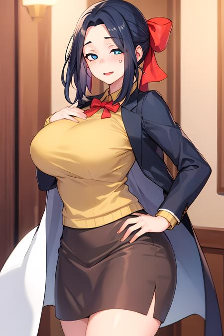 masterpiece, (best quality), 1woman,1girl , marismt, dark blue hair, dark blue brown eyes,ribbon, ponytail, bow, white labcoat, pencil skirt, yellow sweater,  (mature) female,   large breasts, sexy woman,   happy,  adult,  divine ,elegant, vibrant colors ,natural lighting  ,RTX,  beautiful, (detailed face:1.2), showcase, (perfect eyes:1.1) , (perfect pupils),  8k uhd,  looking at viewer,  indoors,  simple backround,