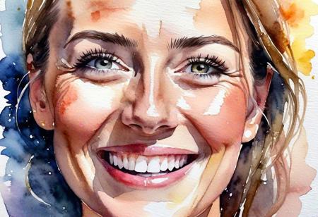 watercolor painting, closeup of a face of a happy satisfeid woman with a thankful smile, sweaty, exhausted, post orgasmic, exhausted after hard work, proud