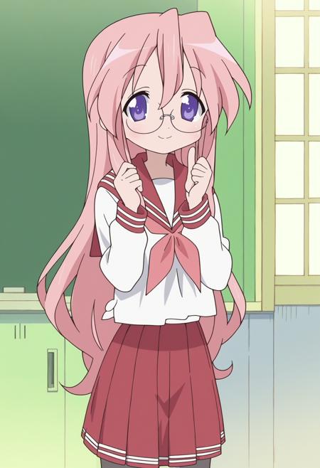 lsmiyuki, <lora:PonyXL LS Miyuki V1:1>  school uniform, school shirt, sailor collar, pink neckerchief, grey pantyhose, glasses, red skirt, black loafers,