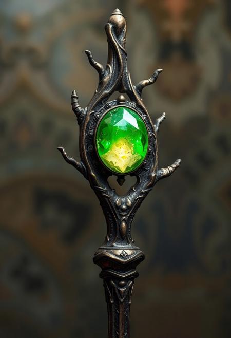 A Highly Detailed Ancient Branch shaped Scepter With A Lime green Gem embedded in it