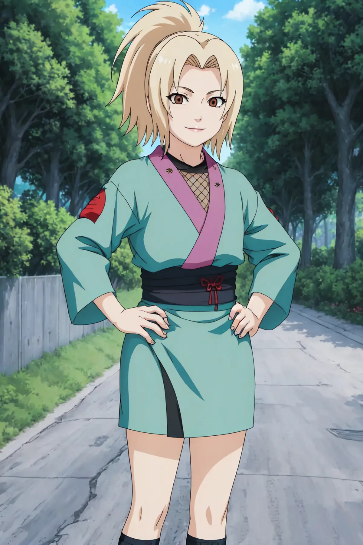 A young woman standing confidently in the middle of a road lined with lush greenery. She is dressed in a teal kimono with a dark obi. Her hair is short and blonde, and her hands are placed firmly on their hips, suggesting readiness or determination. 