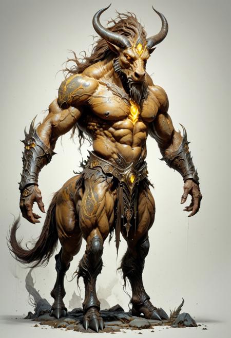 full body, lineart, concept art, a big muscular centaur with glowing eyes, a creature with the head, arms, and torso of a man and the body and legs of a horse, line art, watercolor wash, approaching perfection, pure form,  minimalistic, unfinished, concept art by Brian Froud and Carne Griffiths, intricate details, 8k post production, high resolution, hyperdetailed, trending on artstation, sharp focus, studio photo, intricate details, highly detailed, by greg rutkowski<lora:xl_more_art-full_v1:0.5>
dungeon and dragon , fantasy,  detailed_eye_model, brown yellow