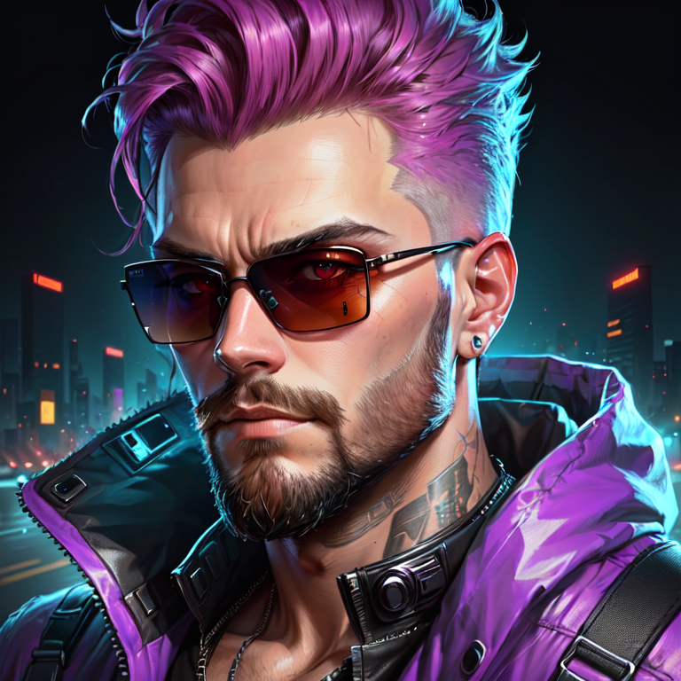 a man with a beard and sunglasses, cyberpunk art, funk art, stunning gradient colors, stylized portrait h 704, pompadour, ...