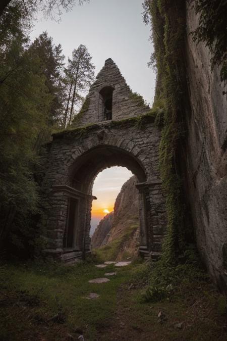 raw photo, a sunset landscape, oregon mountains, forested ravine cliffs, cozy, photorealistic, abandoned Towering Stone gateway entry into dark the side of cliff, dwarven, high fantasy style, high detailed texture, 8k uhd, dslr, soft lighting, high quality, film grain, Fujifilm XT3, Sony A7 IV, highly detailed photography, (muted colors, cinematic, dim colors, soothing tones:1.2), vibrant, insanely detailed, hyperdetailed, (dark shot:1.2), (vsco:0.3), (intricate details:0.9), (hdr, hyperdetailed:1.2) (highest coherency: 1.39) (highest quality: 1.39) (rule-of-thirds) (award-winning) (masterclass) (highest resolution: 1.39) (castle architecture built into cliff: 0.69) (starfort: 1.1) (protruding from hillside)