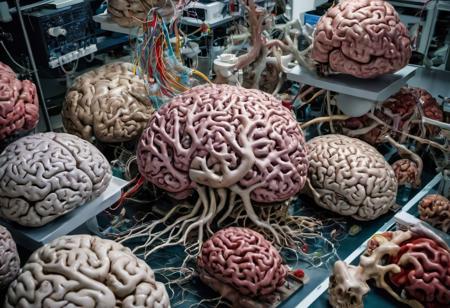 An (extremely detailed:1.0), vast, weird, chaotic dream landscape of crazy (genetically engineered) brains in a research lab.  (hyper-realistic), (overwhelmingly captivating), real intricately elaborate and (insanely strange:1.0) brain alteration with (incredibly absurd:1.0) brain anatomy. Random (Occult Chaos:1.0) brain nonsense. Hyper-detailed Photography