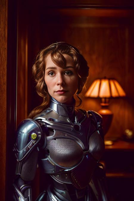 photo of woman (30 y.o. Charlotte, beautiful human face:1.4), (body of a humanoid robot, futuristic, detailed, intricate), (private club, wood furniture), (hiding in the closet), (dark and moody light:1.4)  <lora:epiNoiseoffset_v2:1>