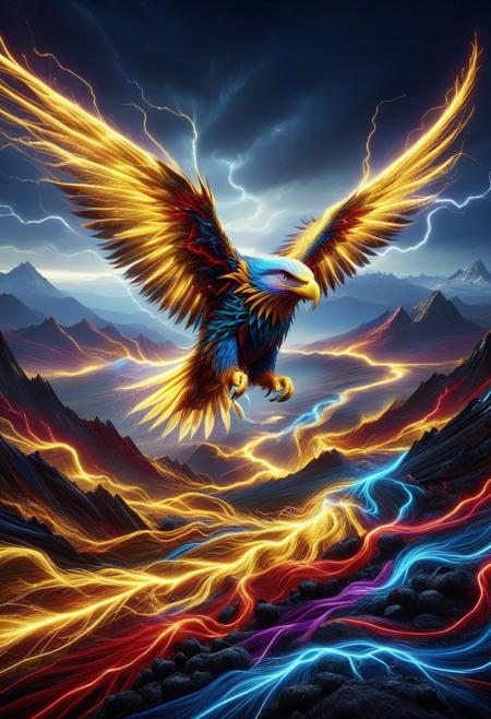 lthndrtrl, photorealistic, aidmamj6.1, made of golden and blue and red and yellow and purple lightning thunder trails, lthndrtrl, 
Powerful eagle soaring above a mountain range,sharp talons outstretched, intense gaze, wind rushing through its feathers, ultra-realistic photo, 8k resolution, best quality, masterpiece, realistic, detailed, cinematic lighting, sharp focus, lightning thunder trails, lava fields