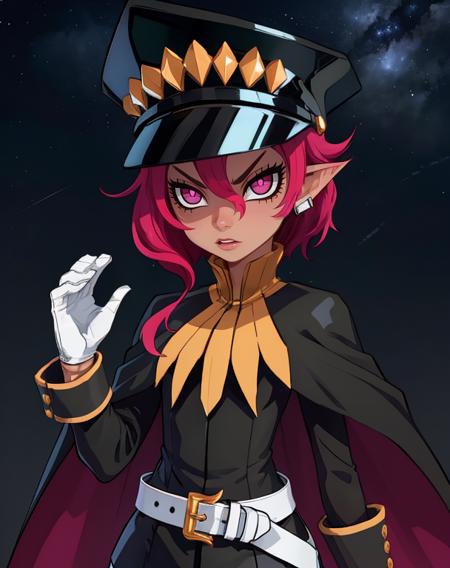 Psychic,short lavender hair,pink eyes,pointy ears,
standing,upper body,
white gloves,small earrings,white belt,black uniform with long sleeves,shako cap,cape,
stars,military base,night,
(insanely detailed, beautiful detailed face,beautiful detailed eyes, masterpiece, best quality),<lora:Psychic-10Dv8:0.8>,