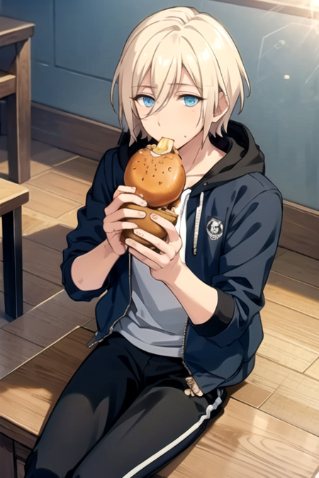 <lora:Eichi-08:0.7> ,eichi, solo, blue eyes, blonde hair, shirt, 1boy, holding, hair between eyes, sitting, jacket, white shirt, male focus, food, pants, indoors, hood, hoodie, eating, black pants, holding food, lens flare, wooden floor, burger