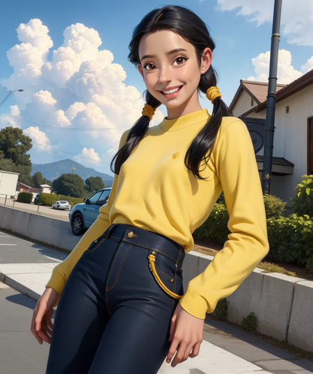 Hay,solo,low twintails,black hair,brown eyes,hair slicked back,
yellow shirt,
smile,pants,cowboy shot,
standing,
outside,stars,
(insanely detailed, beautiful detailed face, masterpiece, best quality),<lora:HayLin-10W2:0.8>,