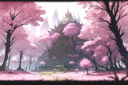 masterpiece, ff14style, landscape, city, nature, trees, pink theme  <lora:FF14 LoadingArtV3.0:1>