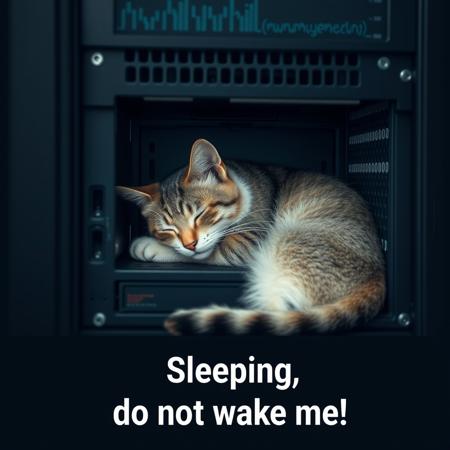 Inside a computer server, a cat is sleeping. Text displays [Sleeping, do not wake me]
