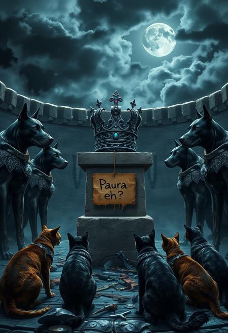 Under a stormy sky, a medieval arena carved from ancient stone is illuminated by cold, silvery moonlight. The scene is tense, with five Dobermans standing on one side, their muscular forms clad in dark, battle-worn armor engraved with intricate patterns. Their eyes glow with an unnatural intensity, and their breath forms mist in the chilly night air.
Opposite them, five enigmatic cats crouch low, each wearing patchwork armor made from scavenged materials—leather, metal, and bones. Their reflective eyes glint in the darkness as their tails flick in anticipation.
At the center of the arena, a stone pedestal holds a crown made of twisted metal and dark, glimmering jewels, emitting an eerie, pulsating glow. The ground around the pedestal is littered with remnants of past battles—broken weapons and shattered armor.
A weathered cardboard sign, hanging from the pedestal, reads “Paura eh?” in jagged, dripping script, as if taunting both sides. The atmosphere is charged with suspense as the Dobermans and cats, driven by a mixture of fear and determination, prepare for the imminent clash under the watchful, ominous moon.