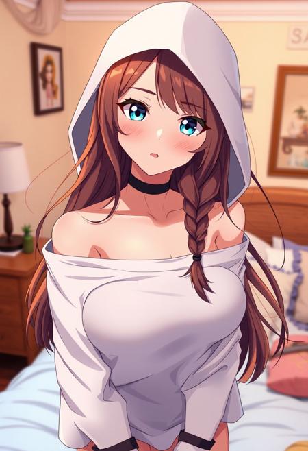 Portrait photography, (Innocent and alluring woman in off-shoulder shirt:1.3), Dynamic angle composition, Long flowing hair, Beautiful expressive eyes, (Delicate freckles:1.2), Medium breasts, Subtle cleavage, Tight body posture, (Cozy bedroom background:1.2), Warm tones, Soft furnishings, High contrast lighting, Captured with a Canon EOS R5, 50mm f/1.2 lens, Vivid highlights, Dramatic shadows, Film grain texture, Rich details, rating_explicit, score_9, score_8_up, score_7_up, score_6_up, derpibooru_p_95,
source_anime,anime,milf,simple,cartoon,blush,horny,1girl,breasts,hood,solo,large breasts,long hair,cleavage,cloak,bridal gauntlets,hooded cloak,choker,hood up,parted lips,braid,Expressiveh,<lora:Expressive_H:1>,<lora:breasts++-PD-swooping-1.0:1>,swooping breasts,huge breasts,breasts apart,