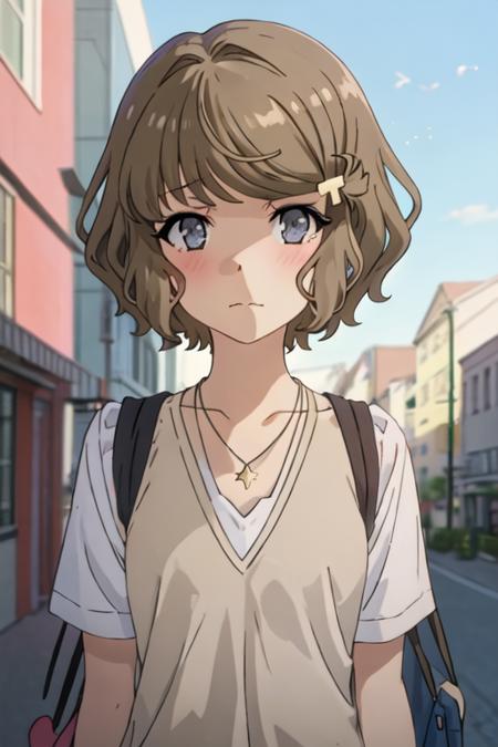 best quality, masterpiece, highres, solo, {koga_tomoe_seishunbutayarou:1.15}, brown_hair, short_hair, hair_ornament, hairclip, blue_eyes, bangs, grey_eyes, 1girl, closed_mouth, collarbone, jewelry, necklace, star_\(symbol\), shirt, star_necklace, bare_shoulders, upper_body, blush, looking_at_viewer, outdoors, star_hair_ornament