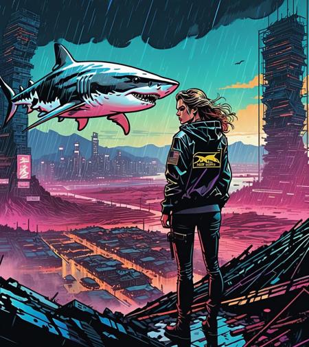 (Denise Richards,a girl with a beautiful face), nighttime, cyberpunk city, dark, raining, neon lights, ((Wearing a blazer over a hoodie)), blazer, hoodie,(cyberpunk 2077 cityscape), (<lora:DieselPunkAI:0.5> dieselpunkAI ), cyberpunk 2077, cyberpunk, synthwave, 1980s, futurism, brutalism, neuromancer, cinematic photo,, Amid the ruins of a once-majestic fortress, a soldier pauses, her silhouette ghostly against the backdrop of shifting terrains that oscillate between detailed battle maps and molten landscapes, Tornado, Barren trees, Menacing,,((pinkfong baby shark)),art by Antoine Le Nain, art by Antoine Verney-Carron,art by Adrian Tomine,analog, the contrast in colors and textures should be distinct highly detailed, surreal, vibrant yet slightly desaturated, faded film, desaturated, 35mm photo, grainy, vignette, vintage, Kodachrome, Lomography, stained, highly detailed, found footage
