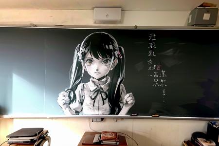 masterpiece, best quality,<lora:blackboard:0.9>,chalkboard, 1girl,twintails, (monochrome:0.9),simple background,