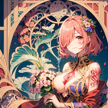 1girl,detailed background,Maximalism,masterpiece, best quality,(flower effects, water effects:1.2), (art nouveau:1.5), (zentangle:1.3),
adult, (tattoo:1.4),large breasts, deep ruby red eyes,(cyclamen pink hair),messy hair,short hair, (hair over one eye:1.3),(happy:1.2),
(holding bouquet:1.2), crimson red jacket off shoulder,(white dress)