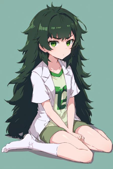 best quality, masterpiece, 1girl, solo, maho, messy hair, bangs, dark green hair, green eyes, full body, labcoat, shorts, t-shirt, sitting, facing viewer, socks,