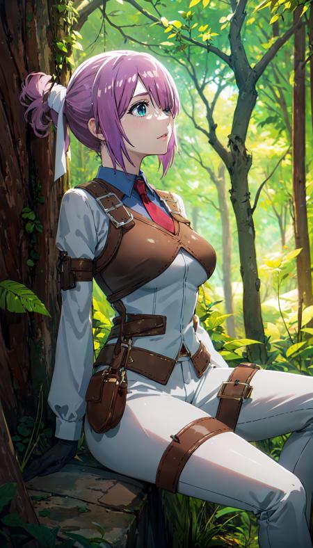 purple hair hair covering one eye aqua eyes hair ribbons tie half vest white outfit white pants armbands black gloves