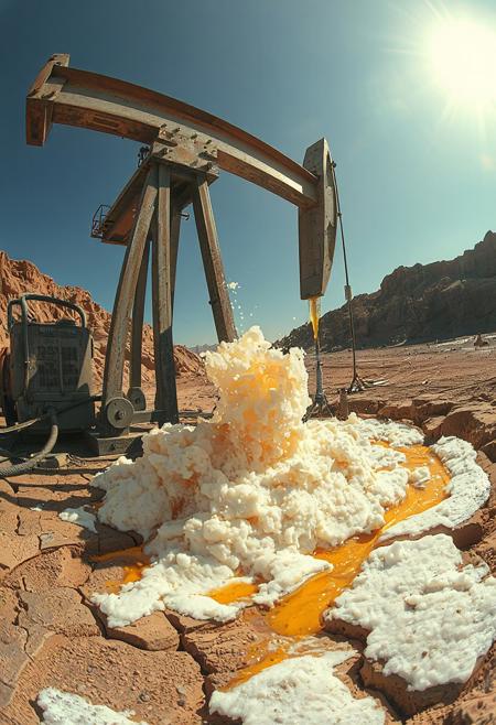 “A massive industrial oil extraction pump working tirelessly in a rugged desert landscape. Instead of crude oil, golden frothy beer erupts from the pierced ground, splashing chaotically under the scorching sun. The scene is surreal, with foamy rivers of beer flowing through the cracked earth, reflecting warm amber hues. Shot with an extreme 12mm fisheye cinema lens, creating a dramatic distorted perspective—curved horizon, exaggerated depth, and an immersive wide-angle view. The pump’s metallic arms glisten with condensation, while beer droplets catch the sunlight in cinematic brilliance. Ultra-detailed, hyperreal textures with a painterly touch, deep contrast, and dynamic lighting.”