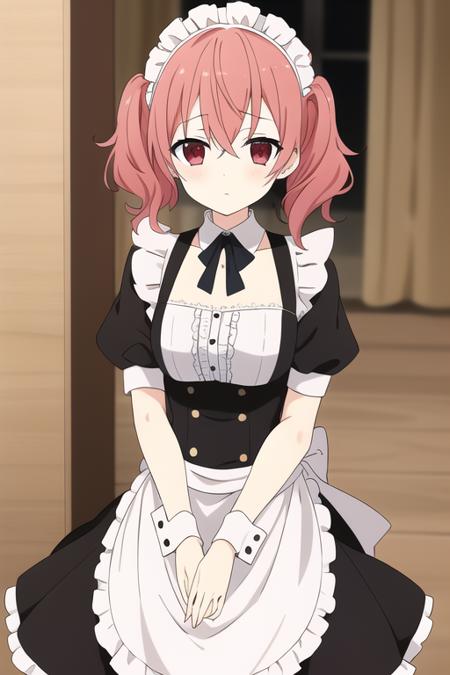 masterpiece, best quality,1girl,solo, roromiya karuta,pink hair,medium hair,hair between eyes,red eyes,expressionless,maid,maid headdress,frills,<lora:RoromiyaKaruta:0.6>