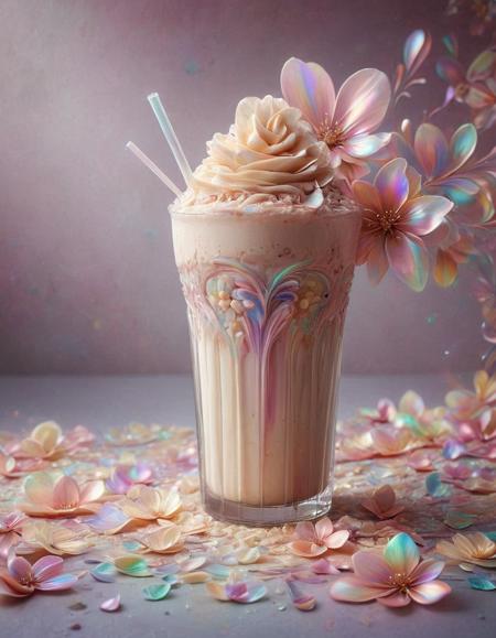 sakura cream milk ice shake frappe, p1nk1r1fl0wers, made out of iridescent flower petals, high quality, masterpiece <lora:PinkieIriFlwrsSDXL:1>