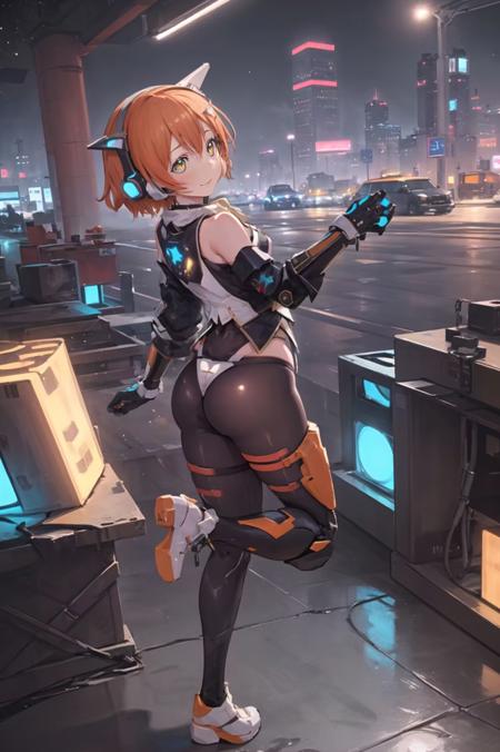 (masterpiece,best quality, cyberpunk,solo,1girl:1.2), (extremely beautiful and  detailed face and eyes),(diamond and glaring eyes), (detailed eyes), aqua eyes,((bodysuit)), (hoshizora rin),((small breasts)),(night sky:1.4), short hair,  yellow eyes, orange hair, (skycraper,building,cyberpunk city, neon lights, LED:1.3), colorful, looking back, ass,  fantasy, cityscape, ((illustration)),digital art, digital illustration, 4k, trending on artstation, trending on cgsociety, cinematic, agfacolor,(Lighting headphones), ((depth of field)),water, reflection, puddle, <lora:Hoshizora_rin_v2.0:0.6>