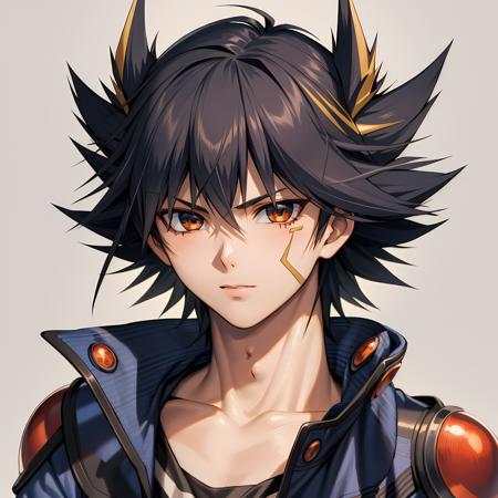 ((masterpiece, best quality)),(complex light),1boy, solo , upper body ,Yusei Fudo, black hair, simple background,  <lora:yusei_fudo1-10:0.6>