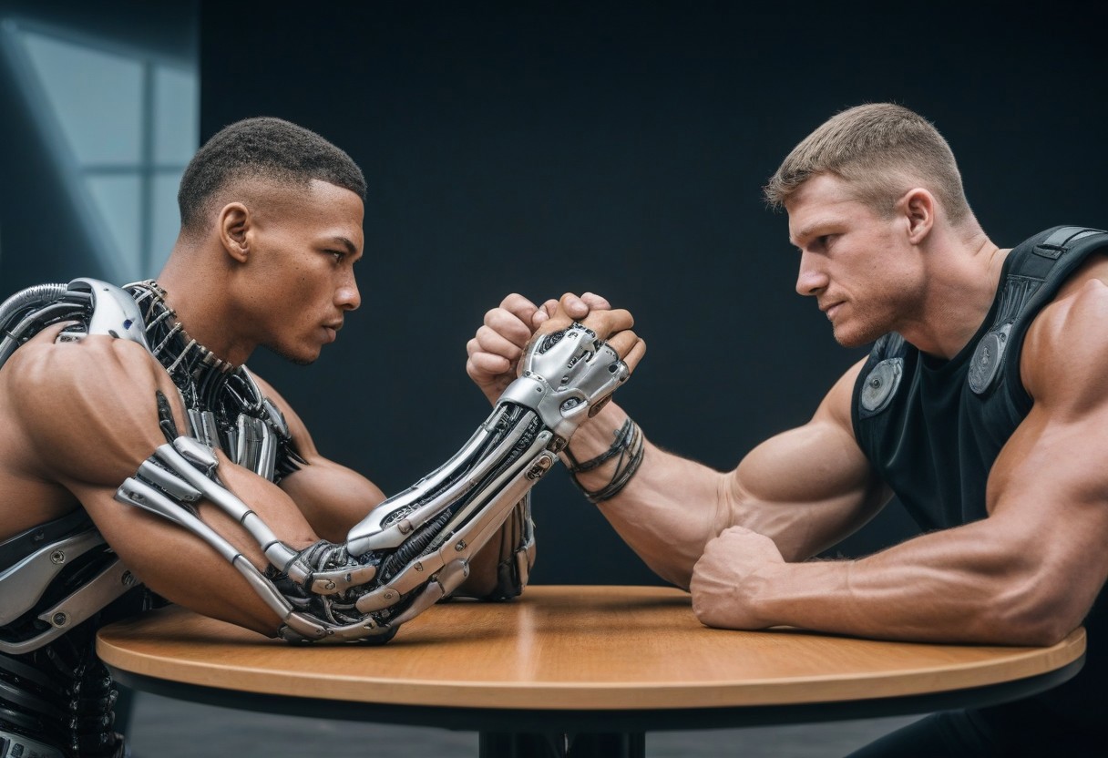 A cyborg arm-wrestling against a normal man, the cyborg looks like he's not even trying, he has a bionic arm with wires taught ropy construction like high tech muscle fibers, incredible bionic arm, realistic, 
highest quality,