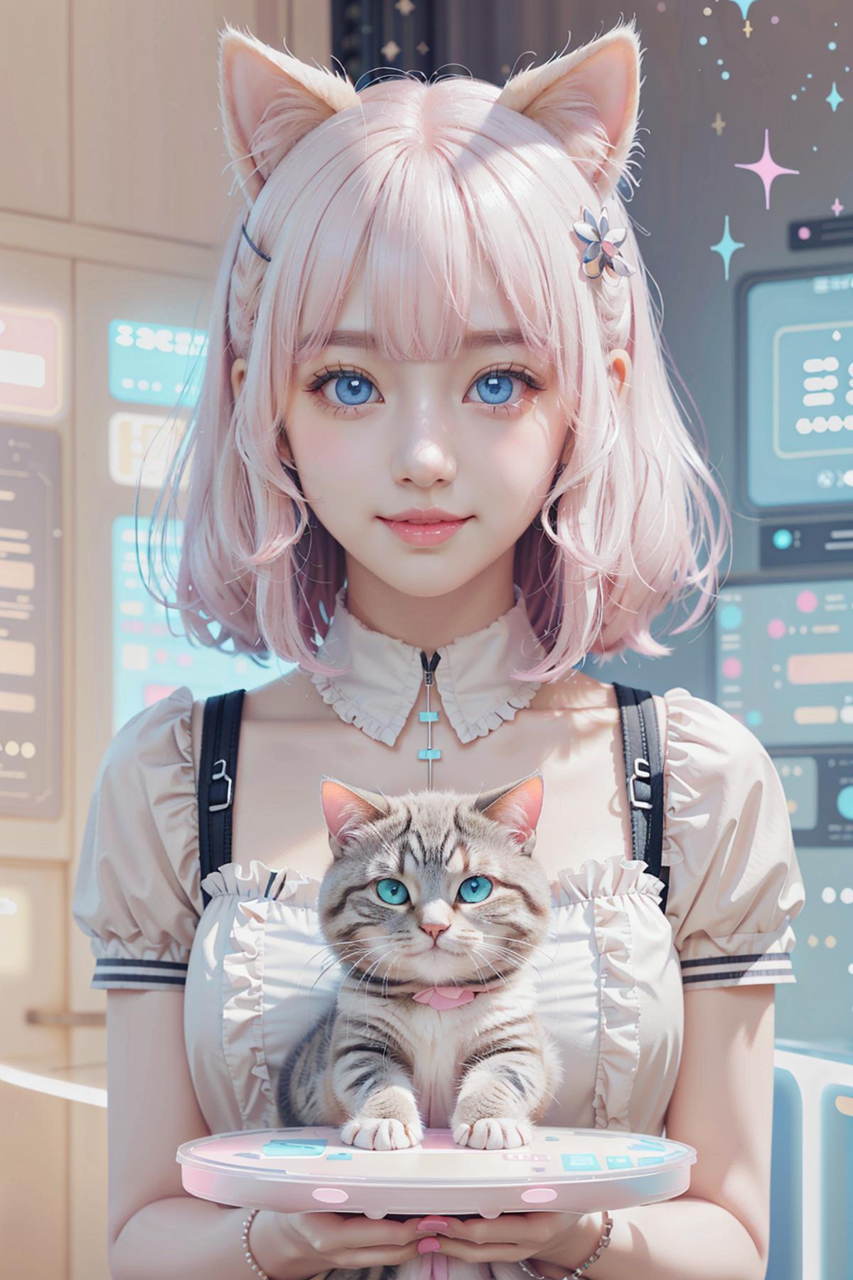 Cartoon Anime Girl with Blue Eyes and Pink Hair Holding a Cat.
