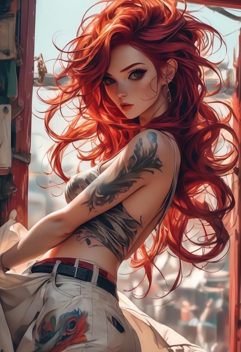 And the world went spinning wildly out of control, she was beautiful and I could not keep my eyes off her lovely firm and shapely form, red hair and midriff the hint of a tattoo on her right hip
 eye catching