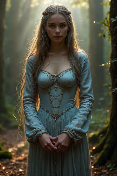 Setting & Atmosphere:
The scene takes place in the heart of LothlÃ³rien, in a dimly lit, ethereal environment with a mystical and otherworldly ambiance. The surrounding area is bathed in a soft, silver-blue light, giving it a dreamlike quality. The light seems to emanate from the trees and water around them.
Galadriel's Expression:
Galadrielâs face is calm and serene, but as she imagines the power of the Ring, her expression changes dramatically. Her eyes widen, glowing with an intense, almost otherworldly light, and her face contorts slightly with a mixture of temptation, power, and latent darkness. Thereâs a sense of immense power brewing within her, restrained yet palpable.
Her Transformation:
As she speaks, thereâs a visual transformation where Galadriel appears larger, more formidable, and otherworldly. Her skin takes on a shimmering, almost metallic hue, with silver and blue tones. Her eyes become brilliantly luminous, glowing with a fierce light that contrasts with the darkness around her. The lighting accentuates the sharpness of her features, giving her a more defined, almost statuesque appearance.
Clothing & Accessories:
Galadriel is wearing a long, flowing white gown made of a delicate, almost translucent material that glows faintly in the low light. The gown has intricate silver embroidery along the edges, with patterns resembling leaves and vines. Her hair is long, golden, and flowing, cascading down her back like a river of light. She wears a simple, elegant silver circlet on her head, adorned with a single white gem in the center.
Lighting & Shadows:
The light around Galadriel is both soft and harsh, creating a duality in her appearance. While her face and upper body are illuminated by a soft, ethereal light, her lower half and the surrounding area are cast in deep shadows, emphasizing the contrast between the light and dark aspects of her character in this moment. The shadows move and flicker subtly, adding to the eerie, powerful atmosphere.
Background Elements:
Behind her, the ancient trees of LothlÃ³rien loom tall, their twisted branches reaching out like dark tendrils. The leaves glisten as if covered in dew, reflecting the faint light. The water in the background is calm, reflecting the soft light of the scene, adding to the mystical feel.
Her Aura:
During the transformation, Galadriel emanates a powerful aura that seems to ripple through the air around her, distorting the space slightly. The air seems to shimmer with energy, and thereâs a sense of awe and dread as she imagines herself as the Dark Queen. The colors around her become more intense, with deep blues, silvers, and blacks dominating the scene. <lora:add-detail-xl:1> <lora:extremely_detailed:1> <lora:Flux-style-xl-lora:1>