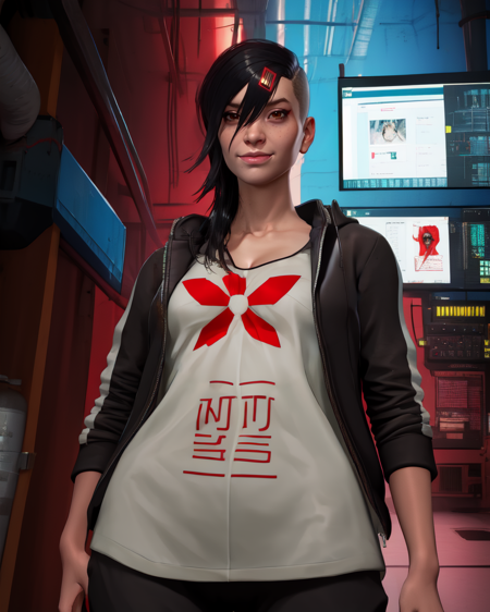 Rinko,brown eyes,hair to side,
black jacket,white undershirt with red logo,cleavage,
smile,from below,
cyberpunk,indoors,
standing,black pants,
(insanely detailed, beautiful detailed face, masterpiece, best quality),solo,<lora:Rinko-10TGWv8:0.8>,