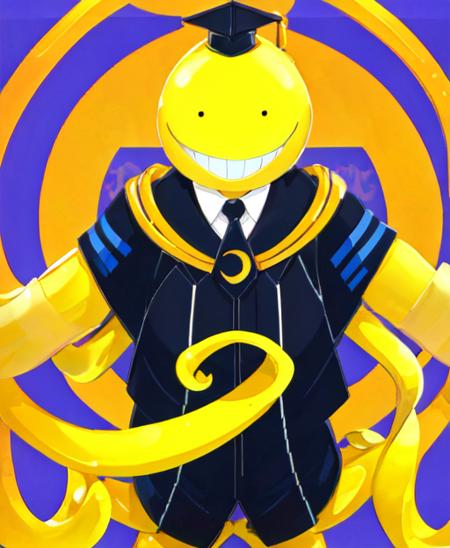 portrait, yellow allien, round head, no hair, teacher hat,  <lora:koroSensei-v1-000006:0.7>, smiling, solo, half body shot