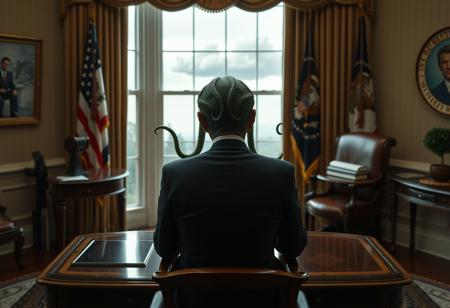cthulu for president, oval office, mushroom cloud outside window, real photograph, inspector gadget style, photorealistic, correct hands, correct fingers, presidential seal, vote button, campaign photo, election, elegant scene, facing away, sitting