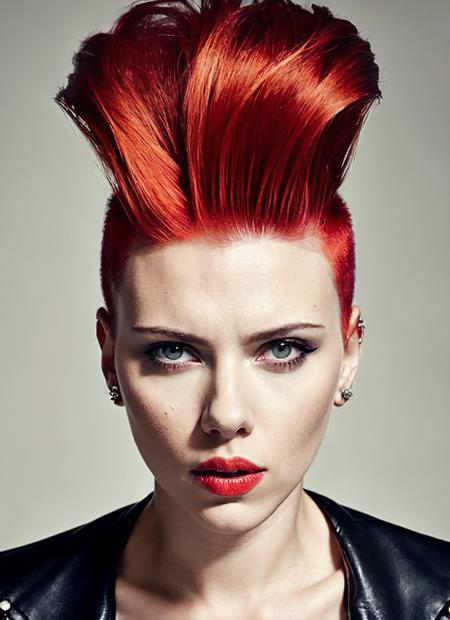 portrait of sks woman by Flora Borsi, style by Flora Borsi, bold, bright colours, orange Mohawk haircut, ((Flora Borsi)), <lora:locon_scarlett_v1_from_v2_64_32:1.3>