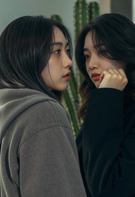 DSLR-style, slender, elegant 26-year-old Korean model, translucent pale skin with natural texture, soft shadow, diffused daylight from side, parted lips, masterpiece, ultra high-res  
<lora:NOOB_vp1_detailer_by_volnovik_v1:1>
barely visible pores, subtle skin texture variation, translucent skin tone, full body. 
"Two young women with dark hair are looking towards the left side of the frame. The woman on the left has long, straight hair and is wearing a dark hooded sweatshirt. The woman on the right has wavy hair and is resting her chin on her left hand, wearing a dark zip-up jacket. They appear to be indoors with a blurred background that includes a tall, green, cactus-like plant."