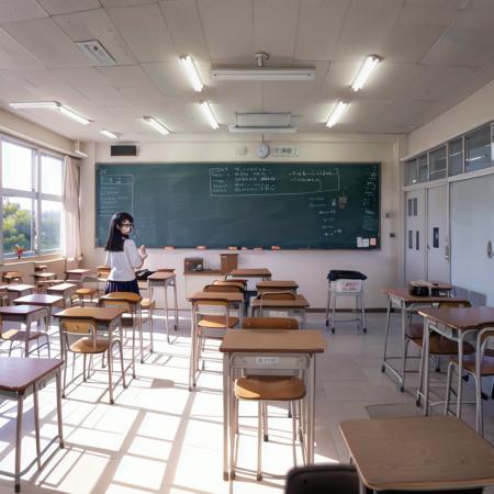 best quality, ultra-detailed, illustration,
kyoshitsu, classroom, scenery, chalkboard, window, school, indoors, clock, sunlight, school desk, bulletin board, shade, curtains, school chair, ceiling light, shadow, artist name, book, ceiling, day, paper, from behind
,1girl, glasses, black hair, long hair, black eyes, school uniform, blush, looking at viewer, standing,
 <lora:kyoshitsu_SD15_V3:0.8>