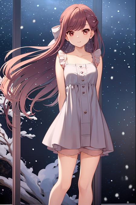 (exceptional, best aesthetic, new, newest, best quality, masterpiece, extremely detailed), 1girl, solo, rinshelter, hair_bow, winter, snowing, cold, snow, night_sky, looking_at_viewer, smile, nightgown, arms_behind_back