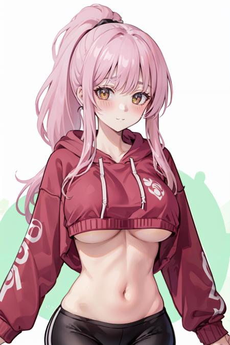 cropped hoodie underboob, 1girl,solo, hoodie, pink hoodie, large breasts,yellow eyes, underboob, long hair, high ponytail,mature female, looking at viewer, :3, blush, stomach, midriff,navel , yoga pants, white background, upper body
 <lora:cropped_hoodie_underboob-09:0.7>