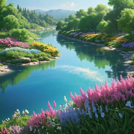 a painting of a river surrounded by trees and flowers, a photorealistic painting, by Igor Grabar, tumblr, mobile wallpaper, high detail 8k, korean artist, highly realistic digital art, beautiful sunny day, artgem and beeple masterpiece, beautiful reflexions, flowery wallpaper