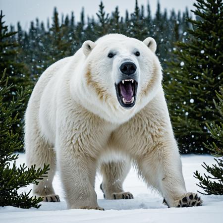 sfw, masterpiece, best quality,absurderes, lazypos, lazyreal,animal focus,cinematic film still,film grain,DLSR,HRD,fujifilm pro,wide angle shot,professional photography,a massive polar beat with white fur and huge fangs rears up on its hind legs and roars in the midst of an intense snow storm. The background is a tundra with some small evergreen shrubs, which are mostly occluded by the swirling snow.