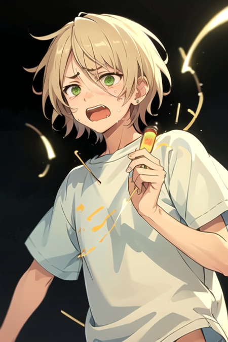 <lora:AiraShiratori-08:0.7> , aira, solo, short hair, open mouth, shirt, 1boy, holding, green eyes, upper body, short sleeves, male focus, blonde hair, tears,  v-shaped eyebrows, wavy mouth, crying,  crying with eyes open, yellow shirt, glowstick