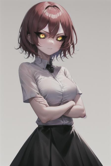 masterpiece, best quality, 1girl, black sclera, colored sclera, detailed eyes, yellow eyes, simple background, short hair, red hair, arms crossed, shirt, skirt <lora:black_sclera:1>