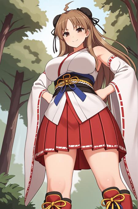 Renka_XL, brown eyes, long brown hair, ahoge, double bun, bun cover, hair ribbon, large breasts Renka_Shinobi, chinese clothes, yellow ribbon, crop top, detached sleeves, white cape, miniskirt, white legwear, legwear ribbon, brown boots, boots ribbon Renka_Shrine, shrine clothes, japanese clothes, miko clothes, white kimono up, bare shoulders, long sleeves, wide sleeves, obi, sash, hakama skirt, red skirt, red boots Renka_Swim, brown bikini, brown bra, brown panties