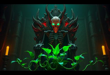 expert An intricate In the center, a skeletal automaton of aged steel glows with a ghastly viridian light. It wears a grotesque vermillion mask of demonic visage. It stands before a throne forged from bone and shadow, a nightmarish seat of power. Three vibrant emerald plants with serpentine vines entwine around its base, creating a haunting contrast. Cinematic lighting, deep shadows, richly detailed, gothic atmosphere, matte painting, octane render, trending on Artstation, unreal engine 5, golden ratio composition.